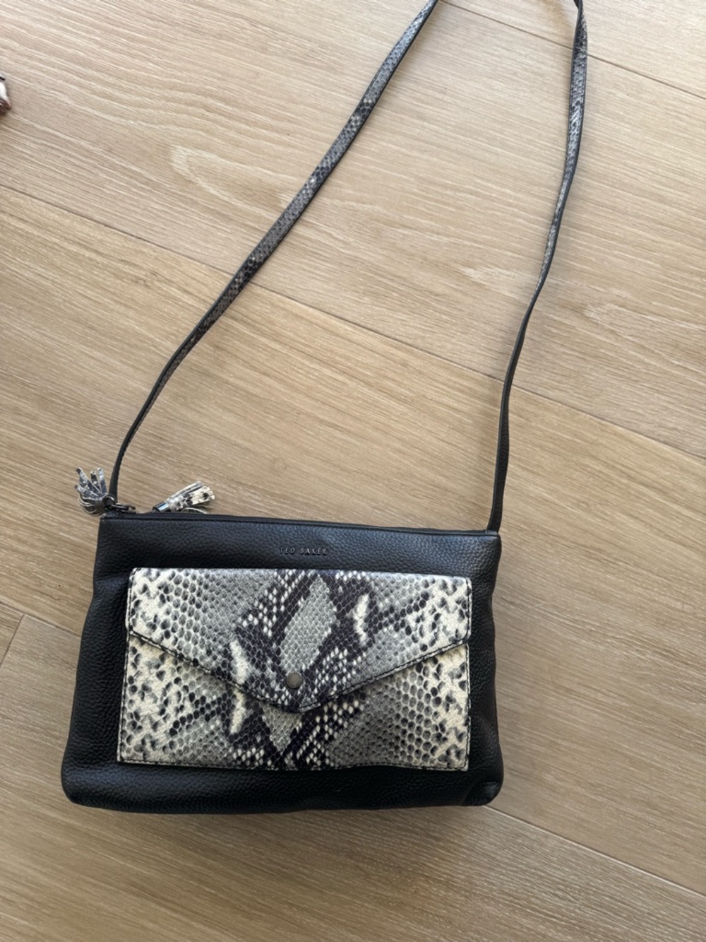 Ted Baker London Black Crossbody with Snake-Print Front Pocket